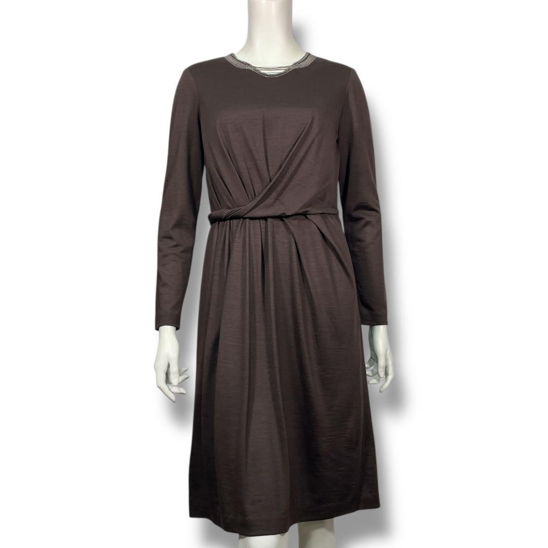 極美品 モラビト 上質ウール100% ビーズ装飾 ドレープワンピース 38
