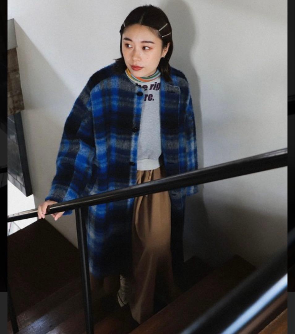 BEAMS BOY スライバー タータンチェック ノーカラー コート