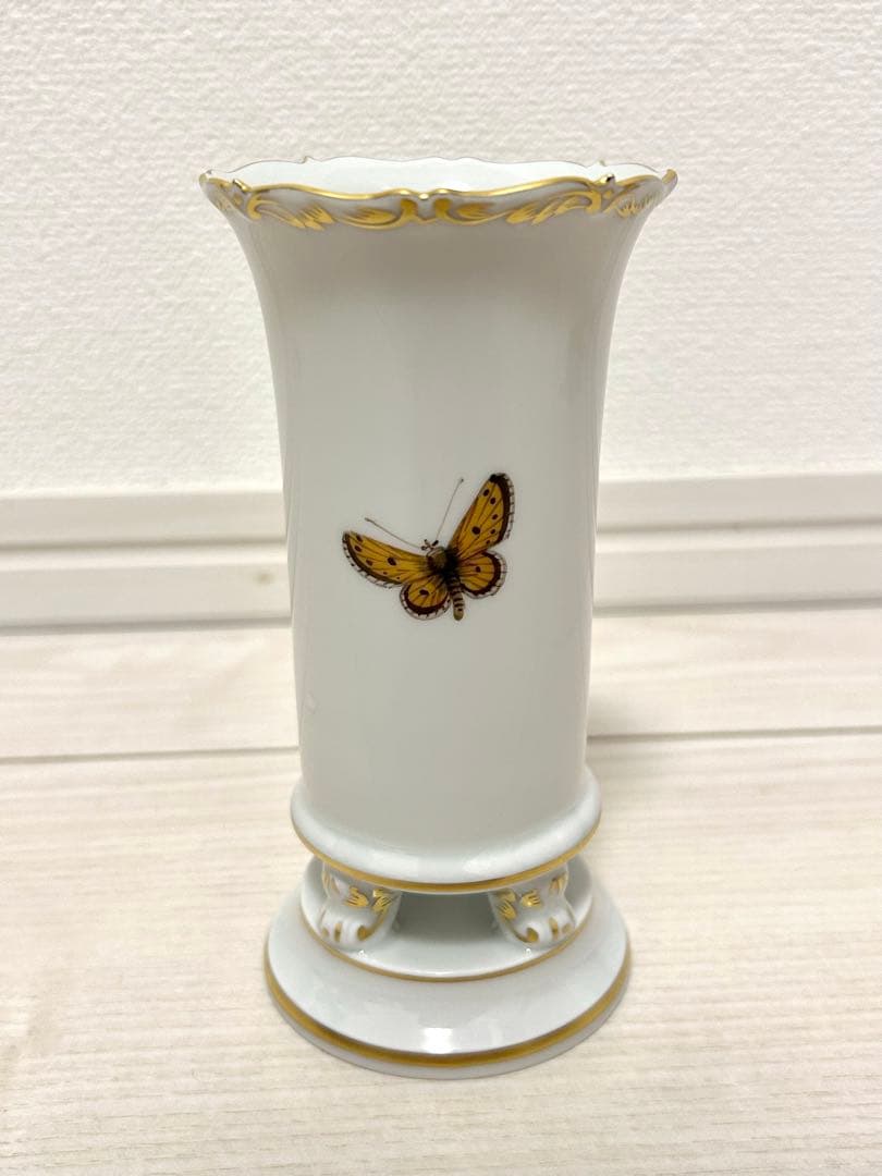 マイセン 一級品 花瓶 フラワーベース 矢車菊 蝶 花 昆虫