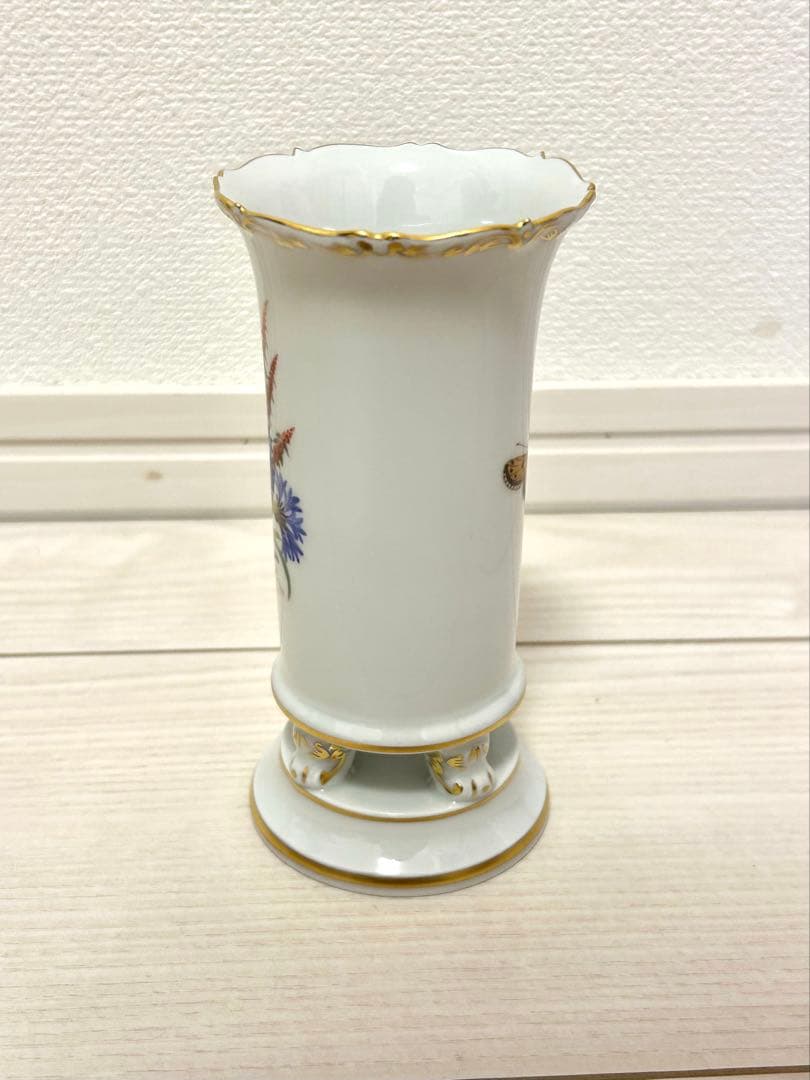 マイセン 一級品 花瓶 フラワーベース 矢車菊 蝶 花 昆虫