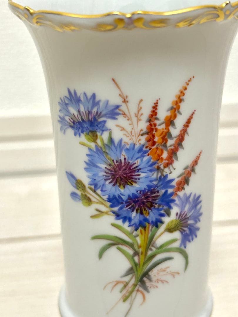 マイセン 一級品 花瓶 フラワーベース 矢車菊 蝶 花 昆虫