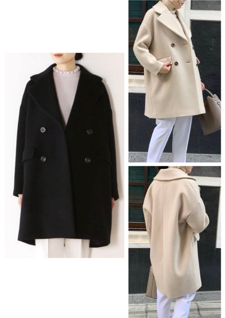 美品✨ティアラ　6.4万　ウール　ダブルブレスト　　コクーンPコート　黒　F