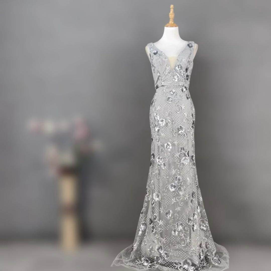 シルバー Vネック マキシドレス