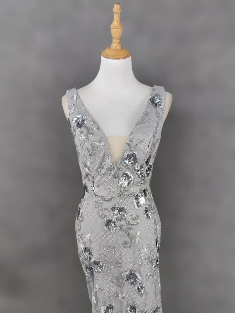 シルバー Vネック マキシドレス