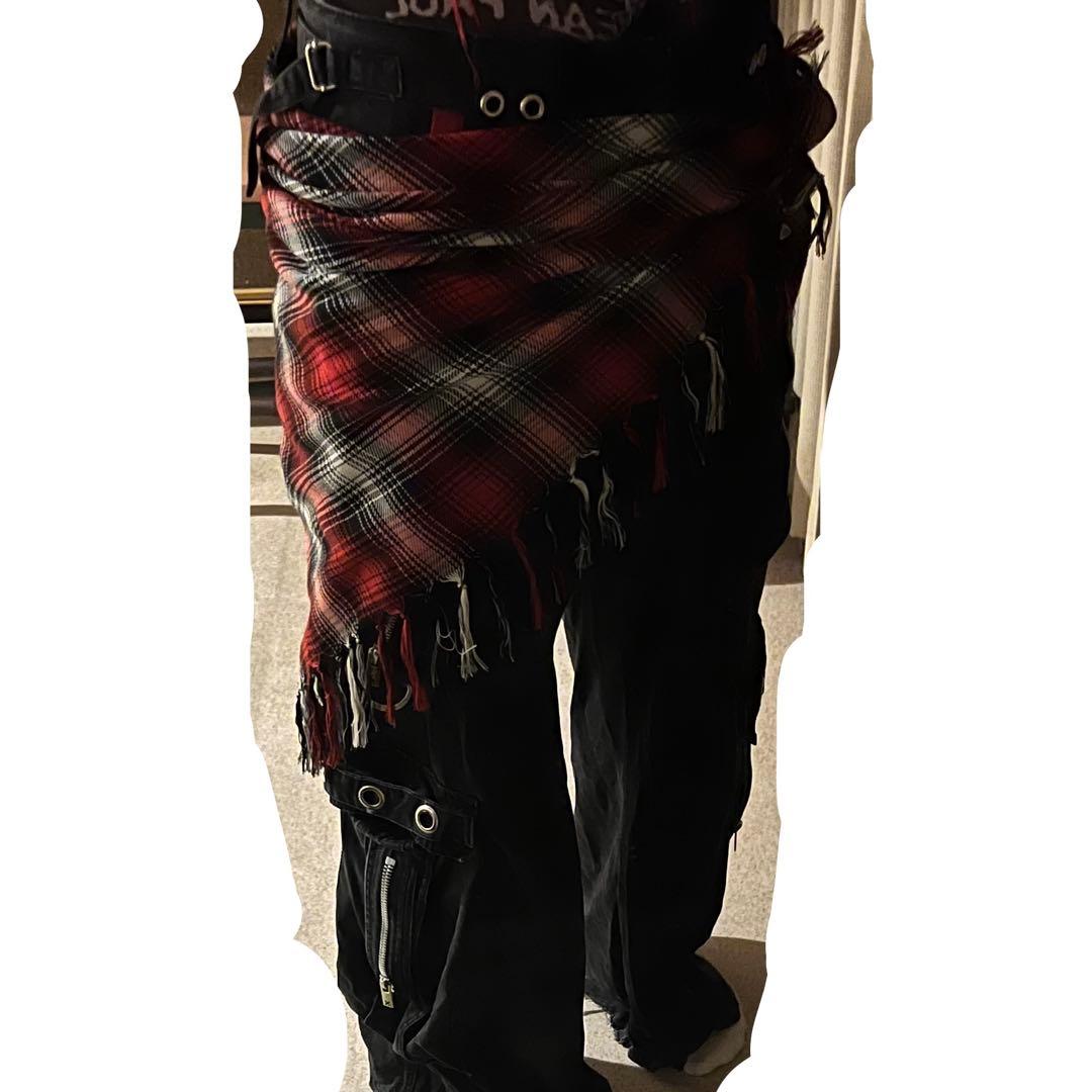 【希少】大判ストール archive 赤 黒 腰巻 グランジ フリンジ