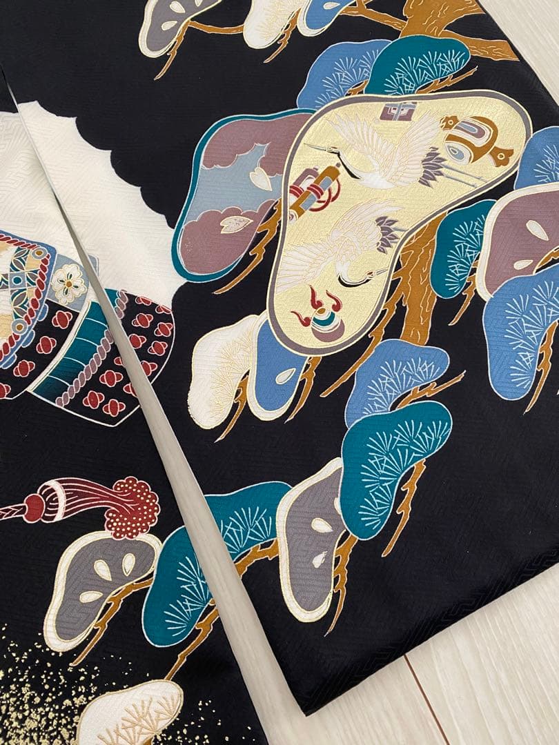 お宮参り 着物 男の子 産着 黒 兜 巻物 松 鶴 正絹 羽織