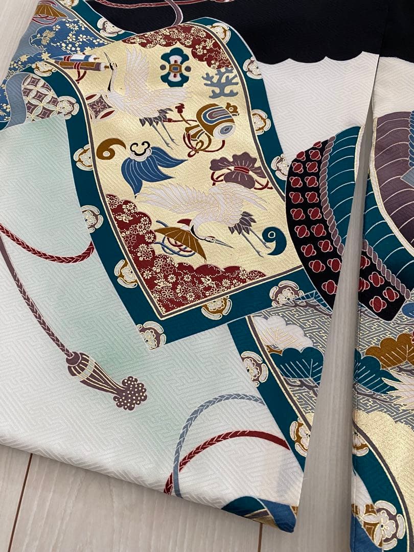 お宮参り 着物 男の子 産着 黒 兜 巻物 松 鶴 正絹 羽織