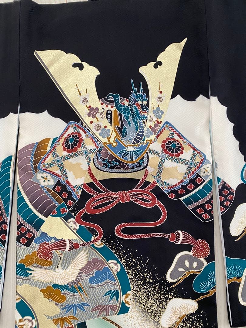 お宮参り 着物 男の子 産着 黒 兜 巻物 松 鶴 正絹 羽織