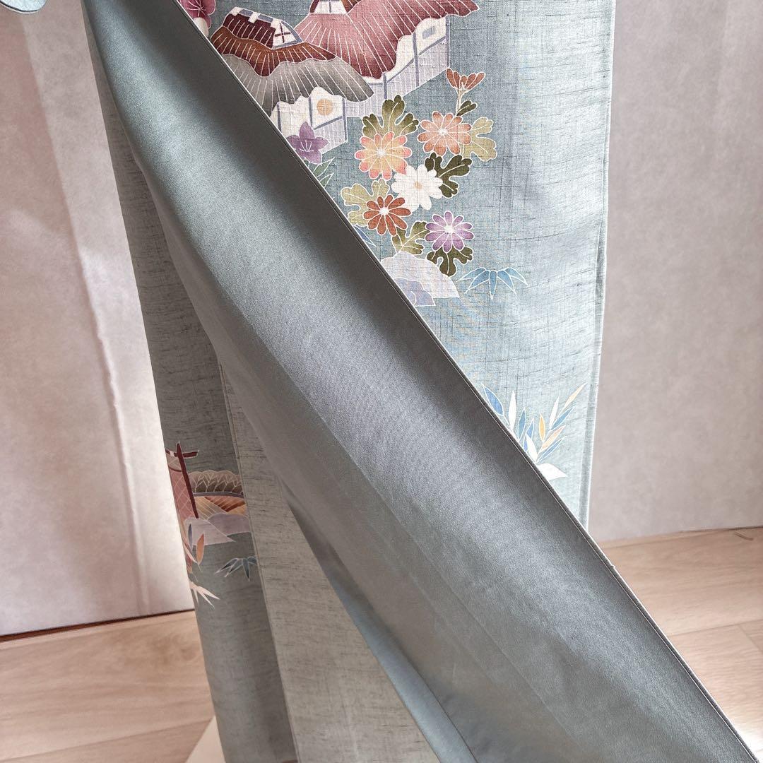 訪問着　フルセット　着物　正絹　紬　四季草花　風情　N1