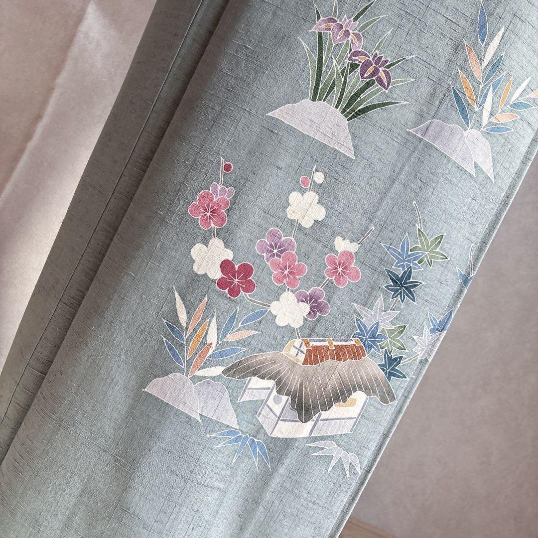 訪問着　フルセット　着物　正絹　紬　四季草花　風情　N1