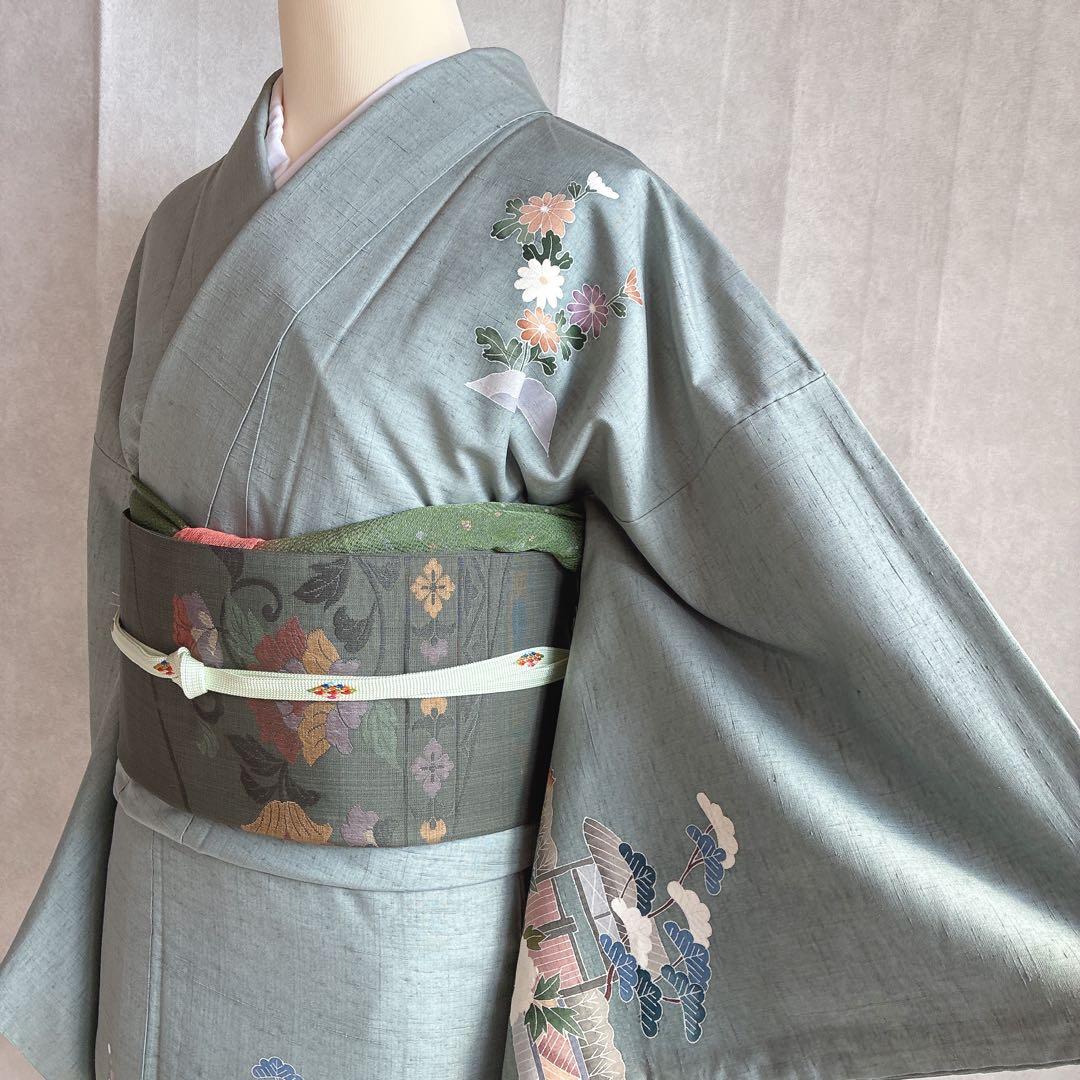 訪問着　フルセット　着物　正絹　紬　四季草花　風情　N1