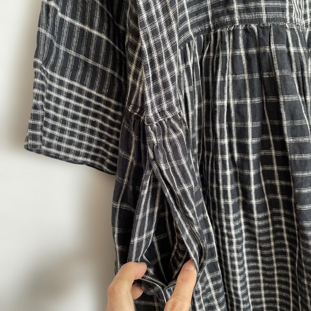 イチ　アンティーク　ロングワンピース　麻リネン100%チェックICHI