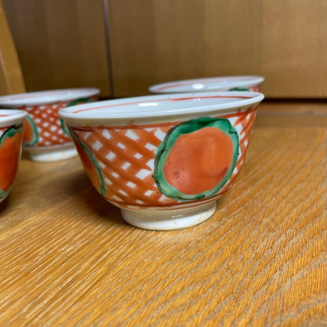 須田菁華　赤絵丸紋　煎茶碗　五客　箱なし