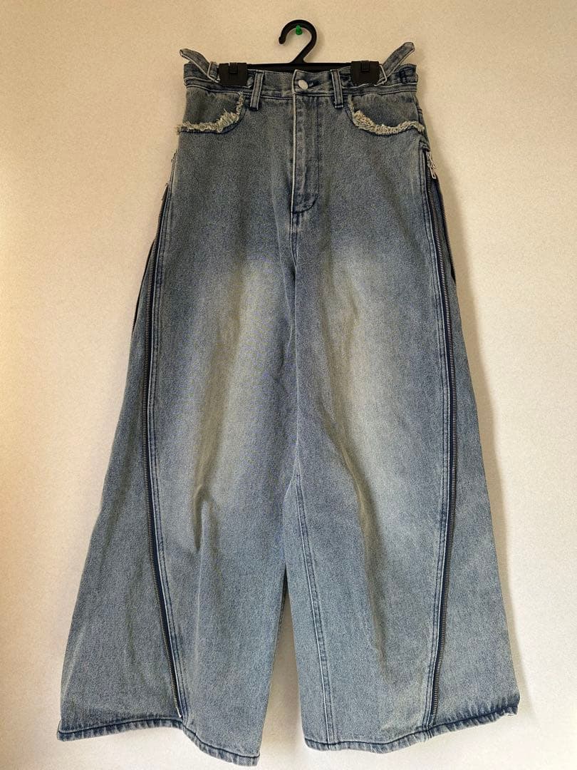 GRANCY ジップ デザイン バギー デニム パンツ ブルー S
