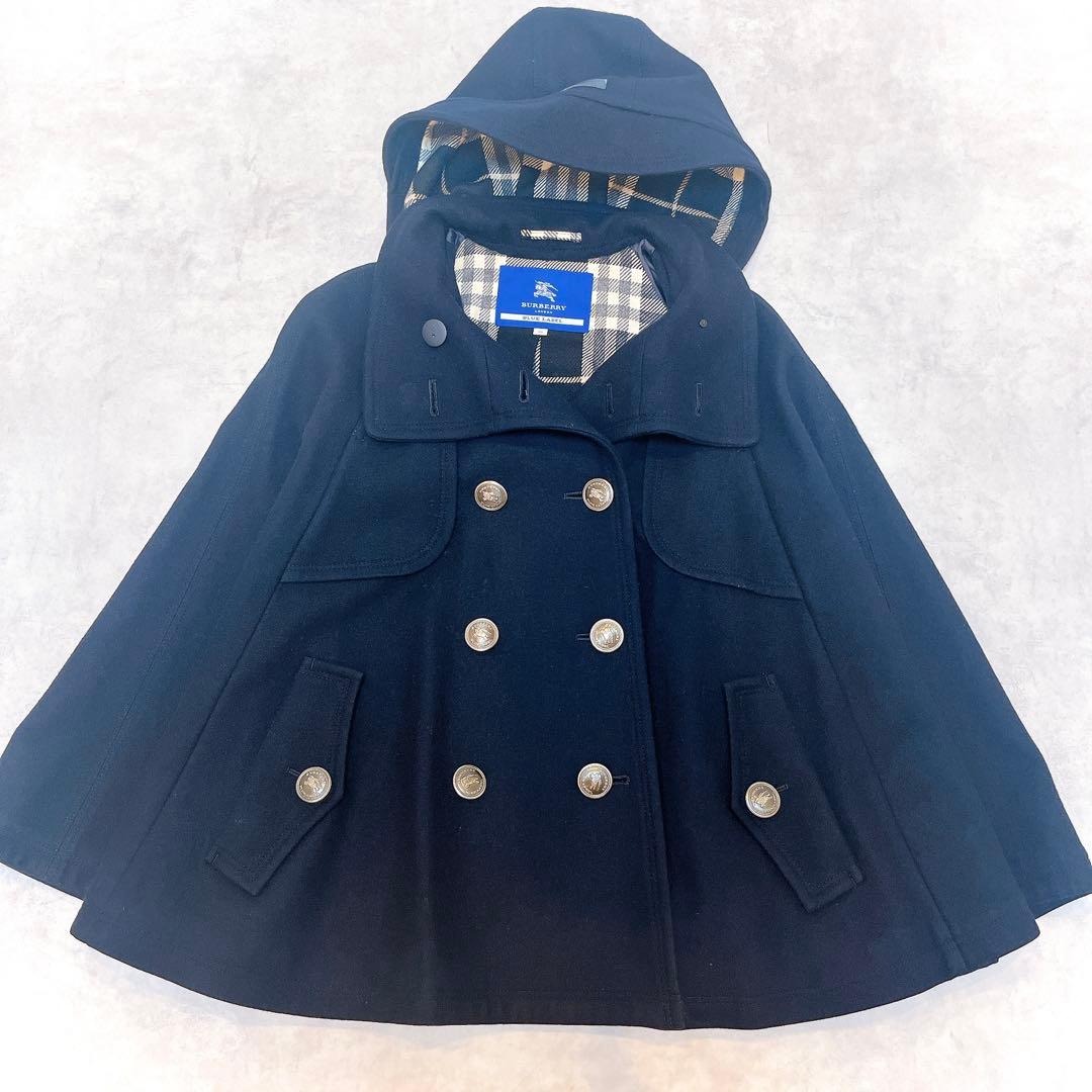 美品◆バーバリー ウール ケープ コート 銀ボタン ノバチェック◇ネイビー 38