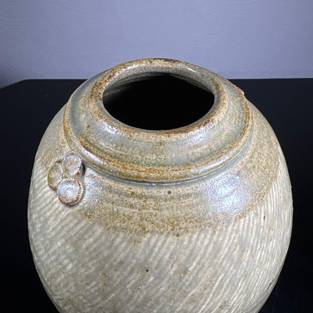 真作　人間国宝　島岡達三　地釉象嵌縄文壷　高さ約27センチ