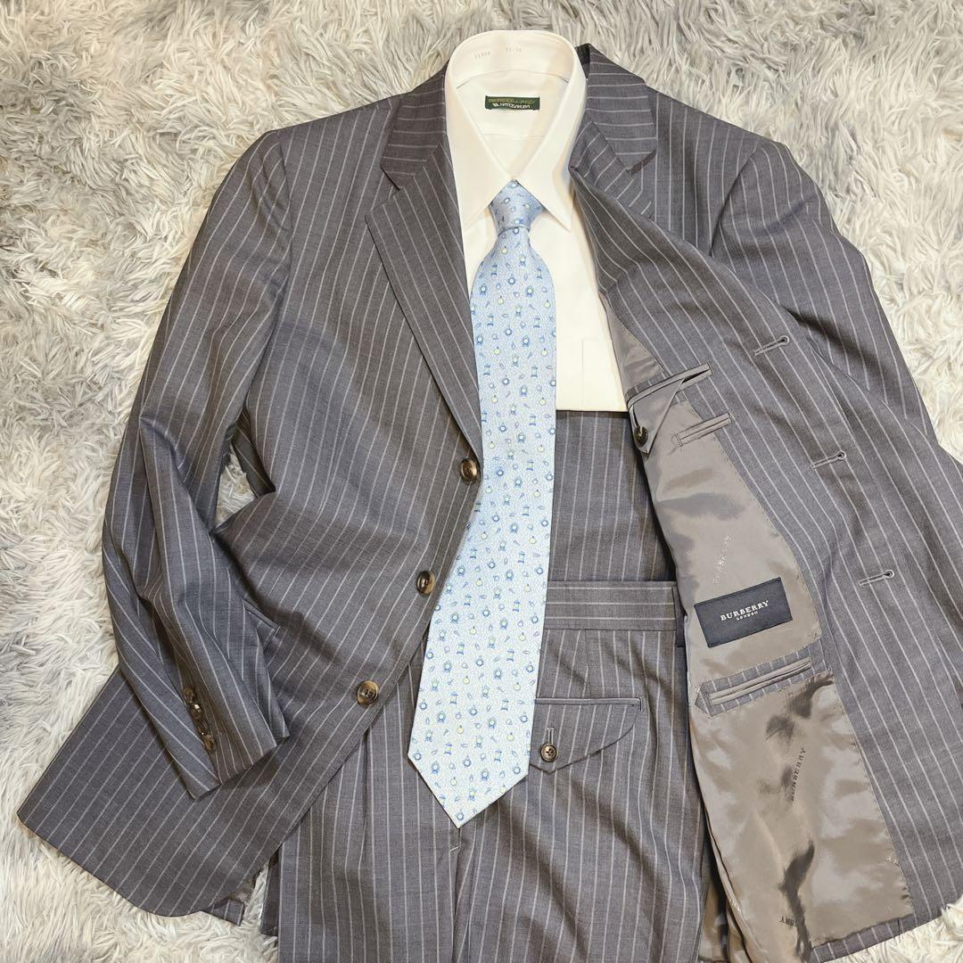 【ほぼ新品】バーバリー ロンドン ストライプ ビジネススーツ セット グレー Ｓ