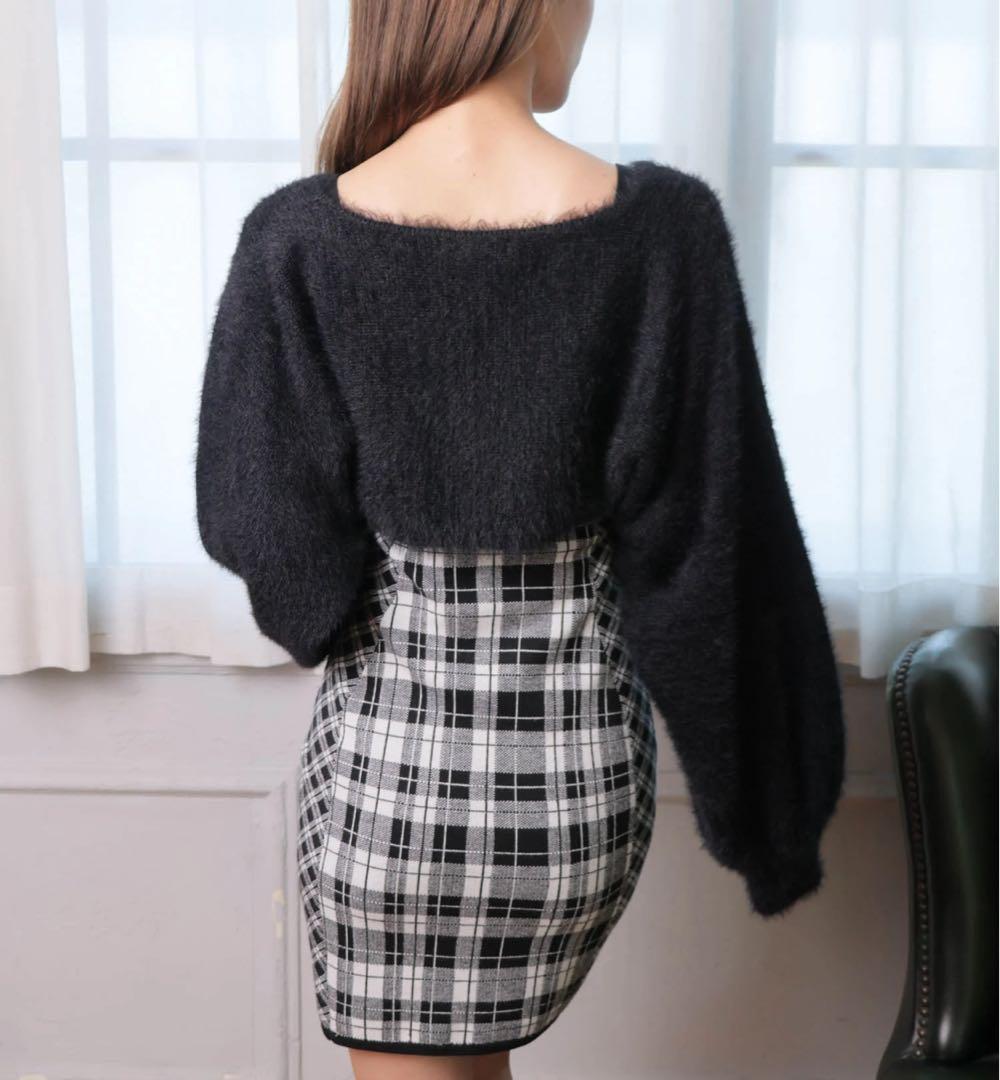 19新品リップサービス定価13090円フェザーチェックアンサンブルワンピース黒S