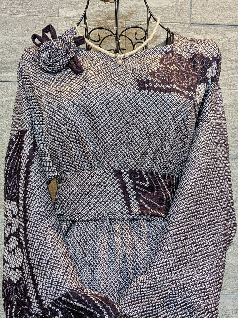 A261総絞り着物リメイクギャザーワンピース★リボン・ブローチ