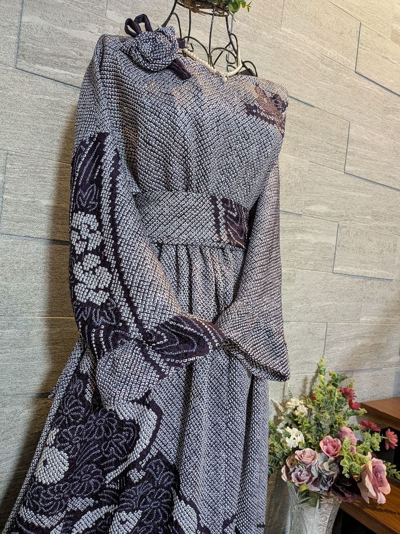 A261総絞り着物リメイクギャザーワンピース★リボン・ブローチ