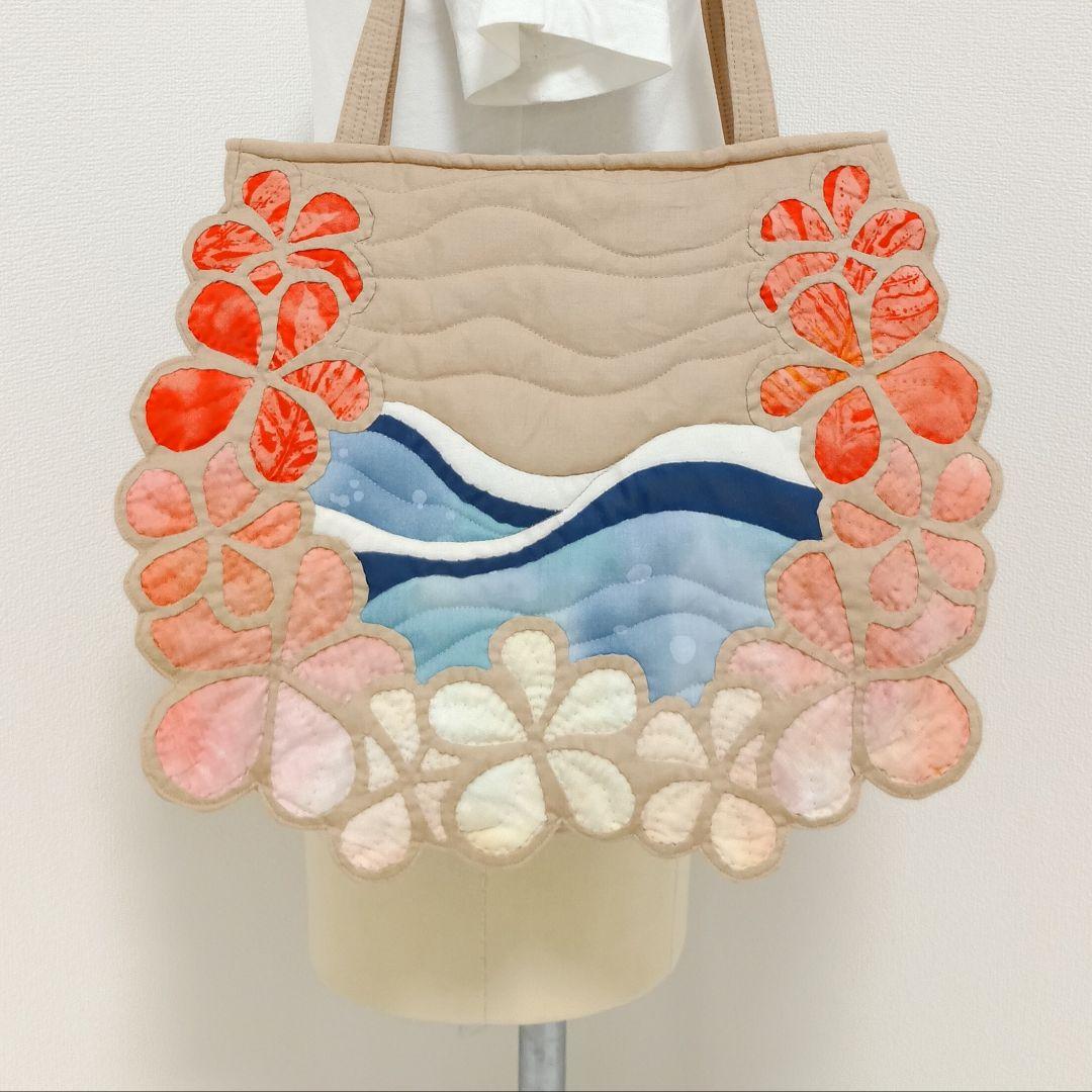 ハワイアンキルト　ハンドメイド　プルメリアトートバッグ