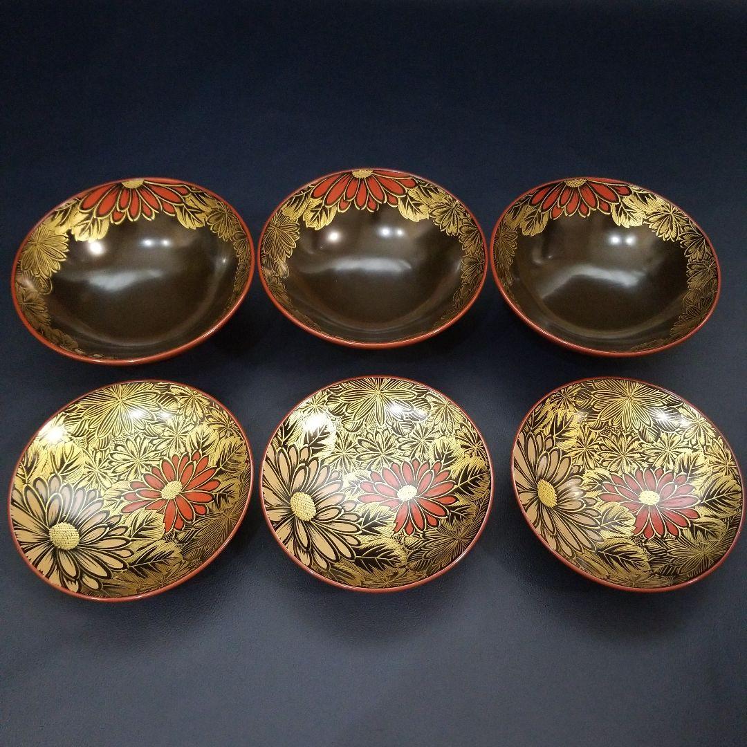 能登輪島塗 塩徳屋漆器店 菊紋沈金色蒔絵 吸物椀 懐石椀 見返し菊詰沈金 2客