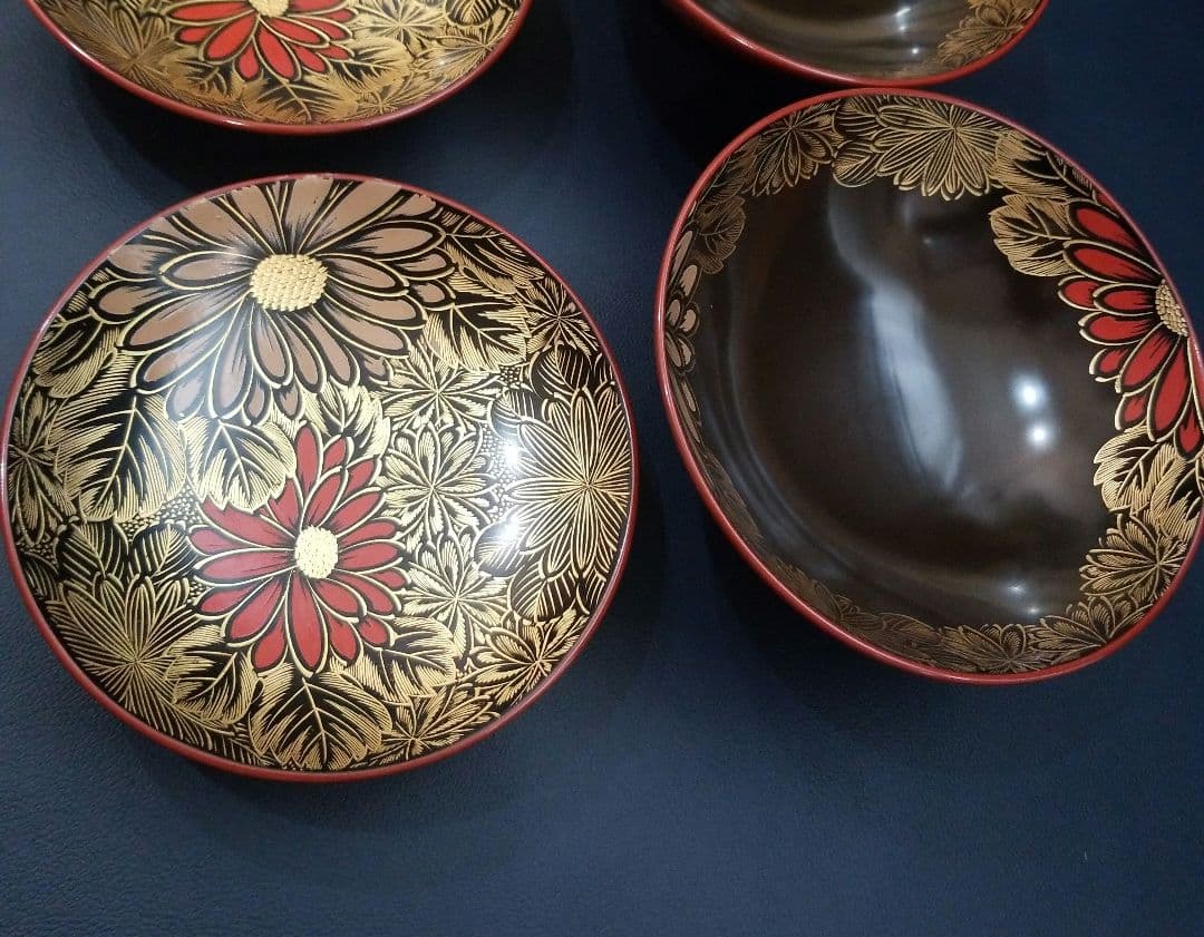 能登輪島塗 塩徳屋漆器店 菊紋沈金色蒔絵 吸物椀 懐石椀 見返し菊詰沈金 2客