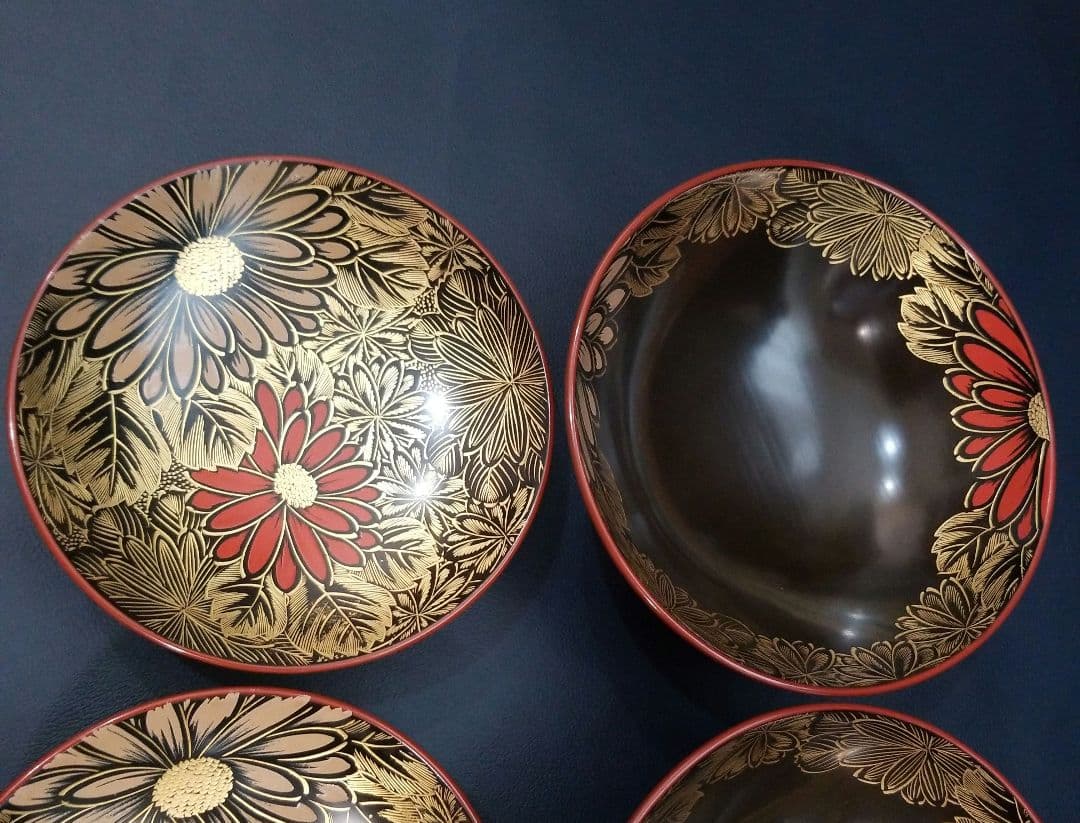 能登輪島塗 塩徳屋漆器店 菊紋沈金色蒔絵 吸物椀 懐石椀 見返し菊詰沈金 2客