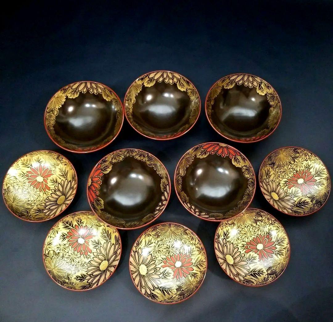 能登輪島塗 塩徳屋漆器店 菊紋沈金色蒔絵 吸物椀 懐石椀 見返し菊詰沈金 2客