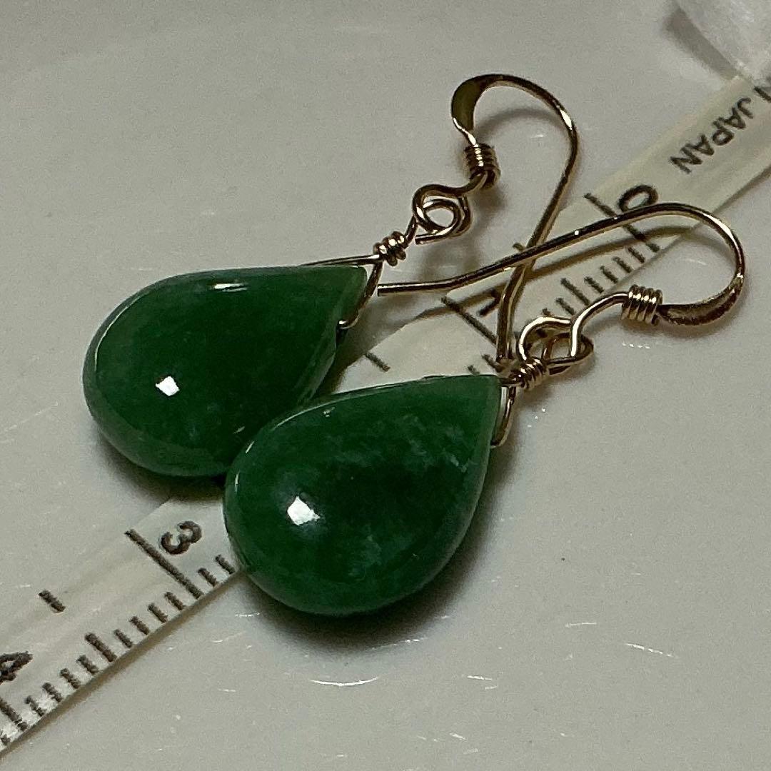 コン沢翡翠と金山谷翡翠　ティアドロップピアス　14kgf