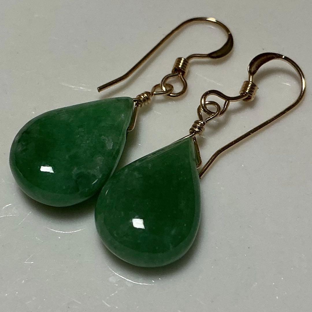 コン沢翡翠と金山谷翡翠　ティアドロップピアス　14kgf