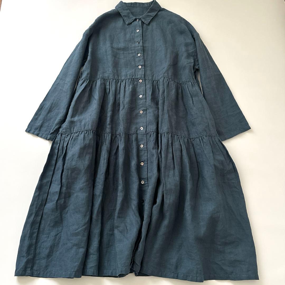「美品」nest robe ライトネイビー　 長袖ティアードシャツワンピース　F