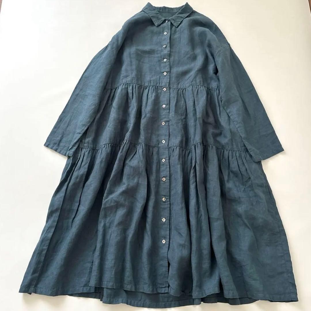 「美品」nest robe ライトネイビー　 長袖ティアードシャツワンピース　F