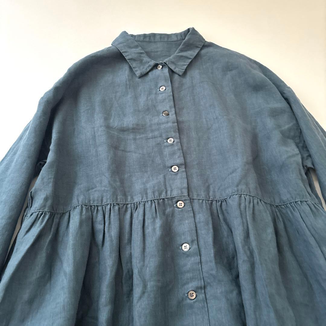 「美品」nest robe ライトネイビー　 長袖ティアードシャツワンピース　F