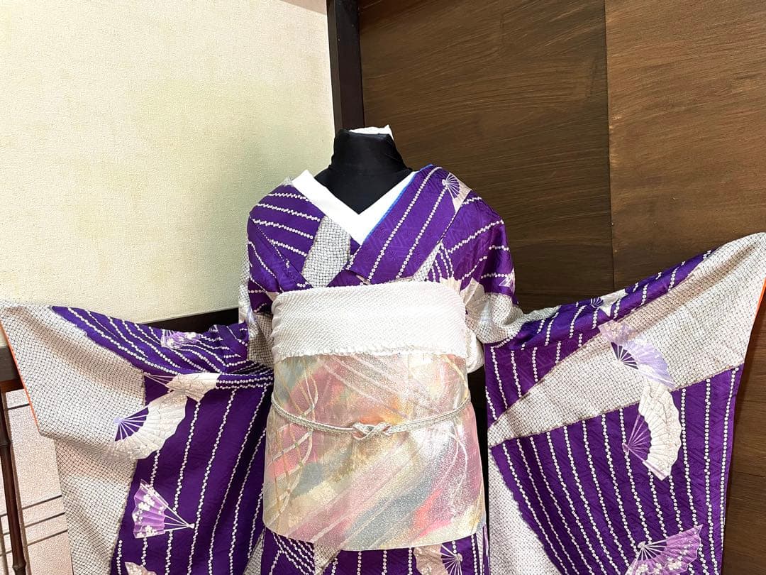 振袖フルセット6点サイズM〜Ｌ檜扇花文　鹿の子　金彩　正絹