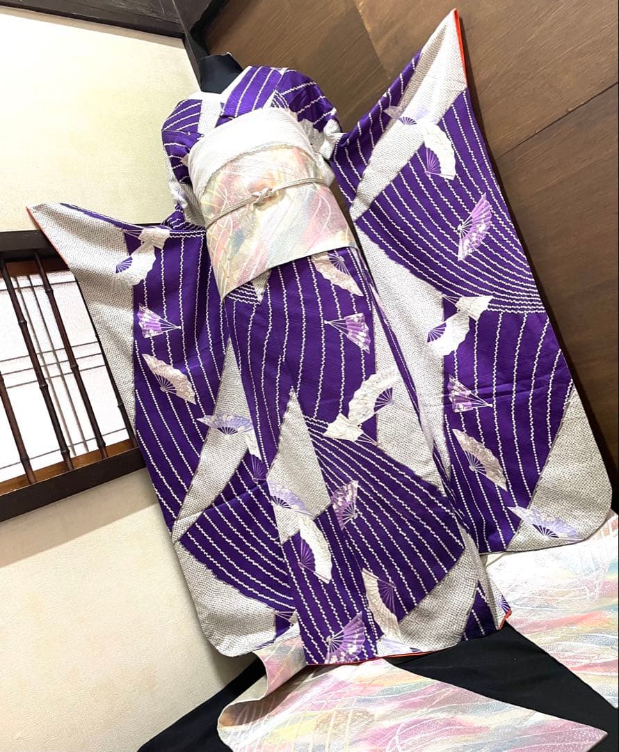 振袖フルセット6点サイズM〜Ｌ檜扇花文　鹿の子　金彩　正絹