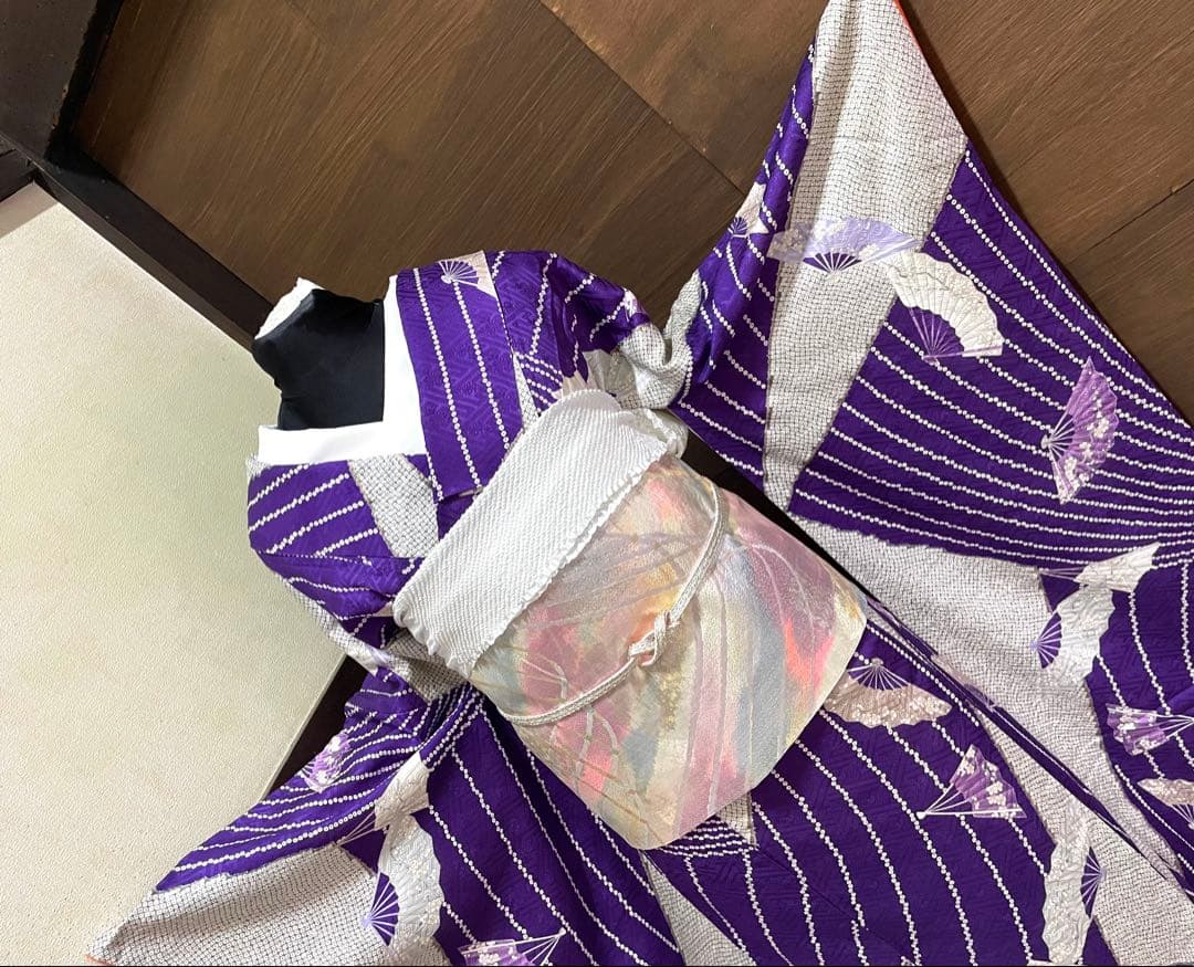 振袖フルセット6点サイズM〜Ｌ檜扇花文　鹿の子　金彩　正絹