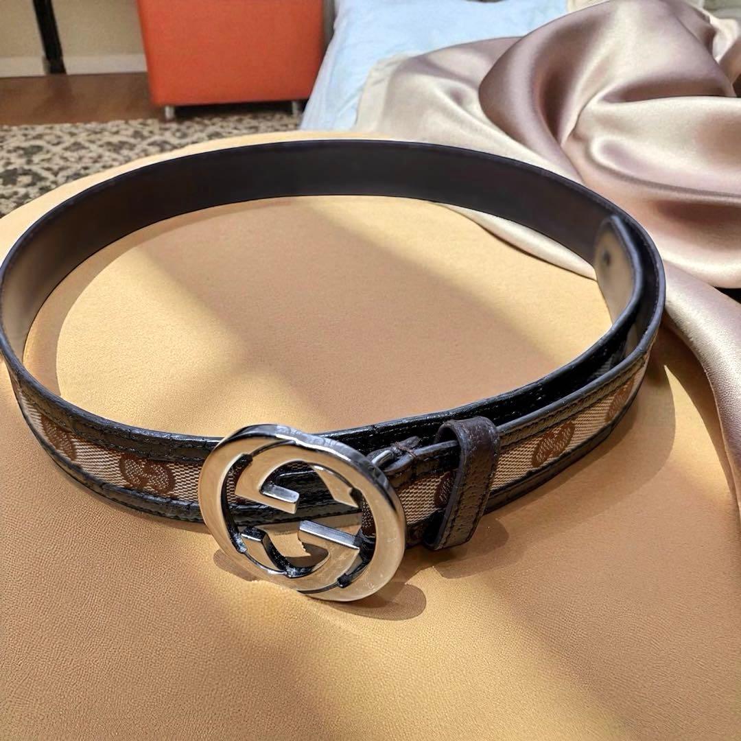 グッチ GUCCI ベルト インターロッキング GG柄 ブラウン キャンバス