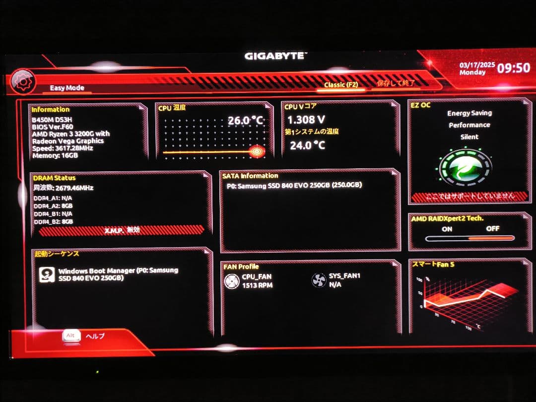 B450M DS3H AMD Ryzen3 3200G DDR4 8G×2