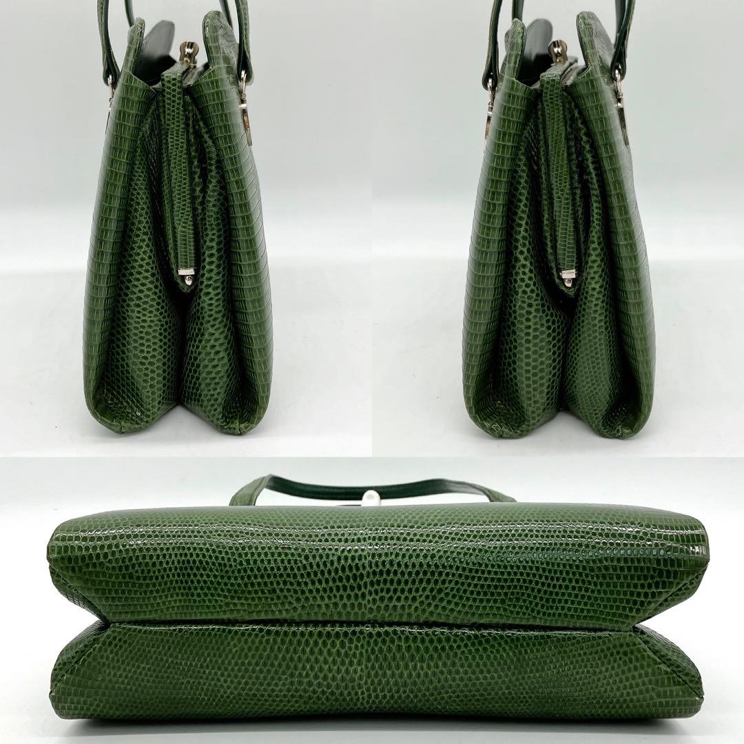 希少リザード本革【MARUU】ハンドバッグ　グリーン　フォーマルバッグ　ガマ口