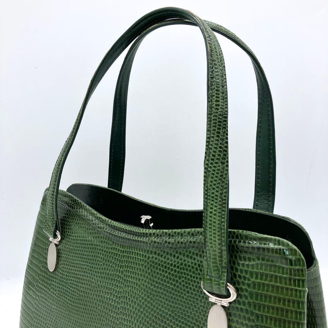 希少リザード本革【MARUU】ハンドバッグ　グリーン　フォーマルバッグ　ガマ口