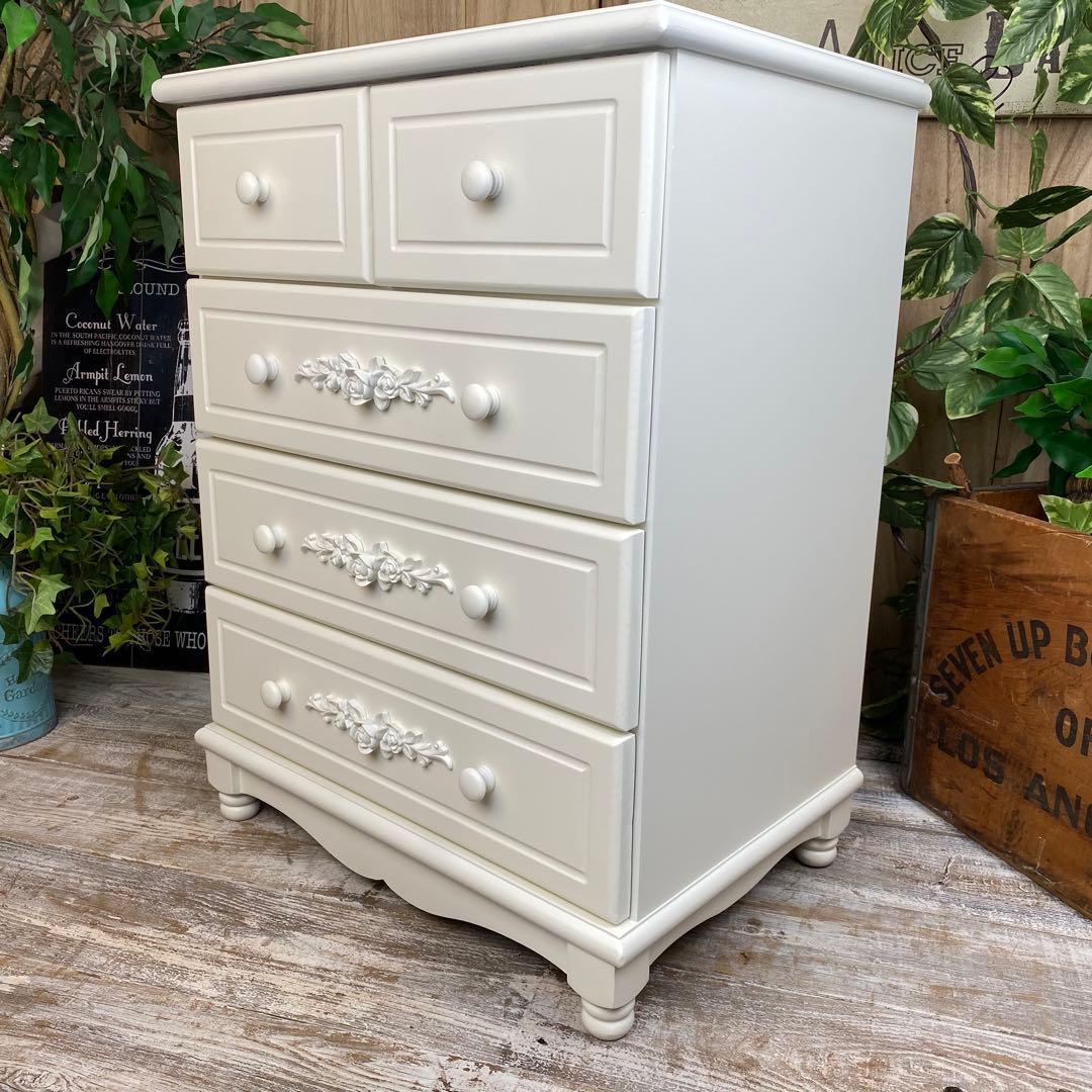 ピン1号⭐︎フレンチカントリー北欧調ホワイトチェスト四段五つ引き木製収納