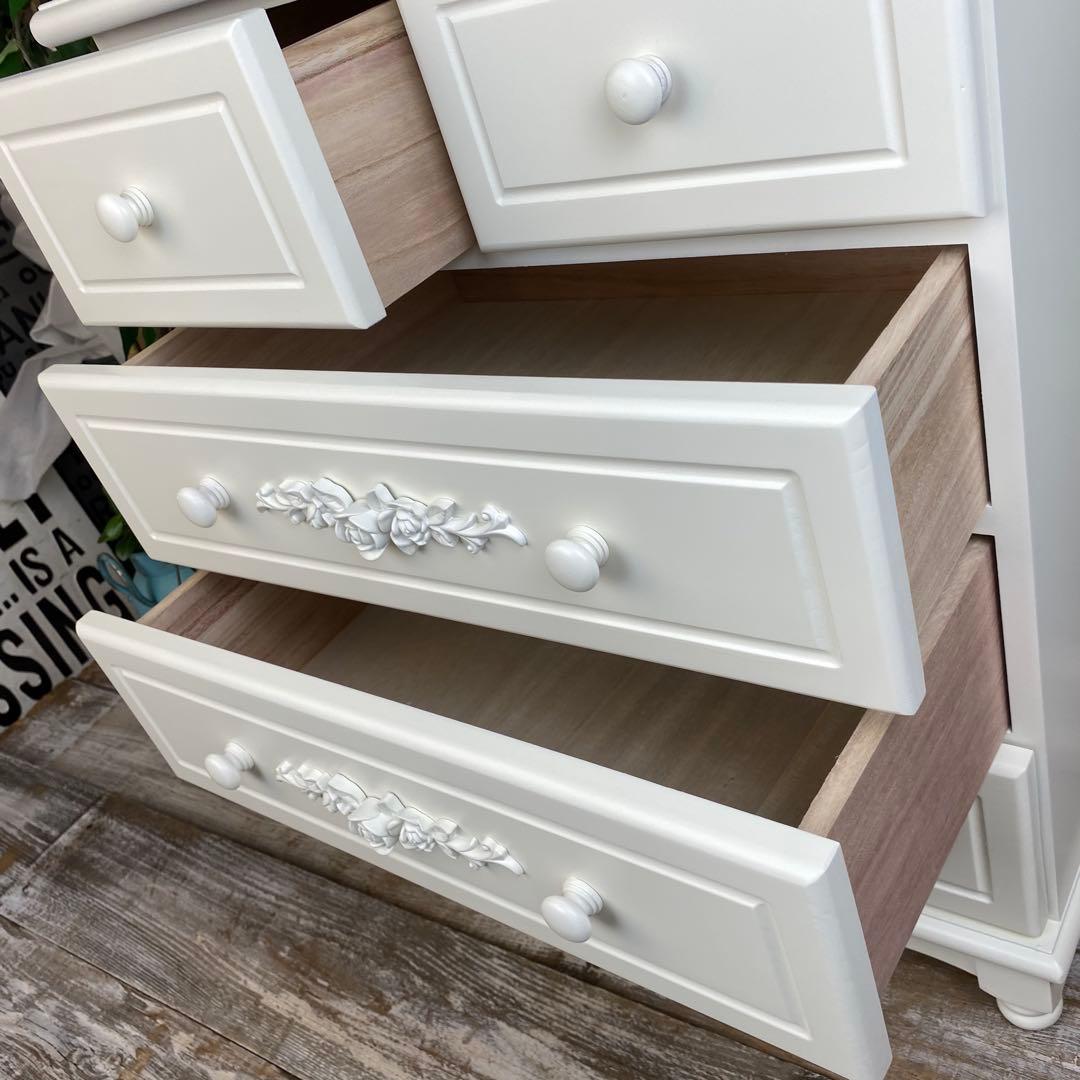 ピン1号⭐︎フレンチカントリー北欧調ホワイトチェスト四段五つ引き木製収納