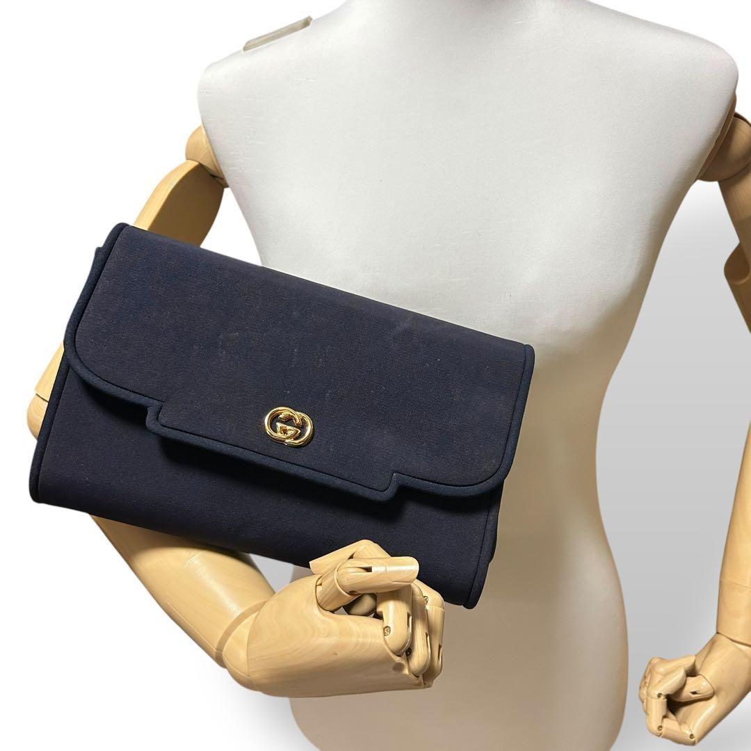 良品 778 グッチ クラッチバッグ インターロック ナイロン ネイビー