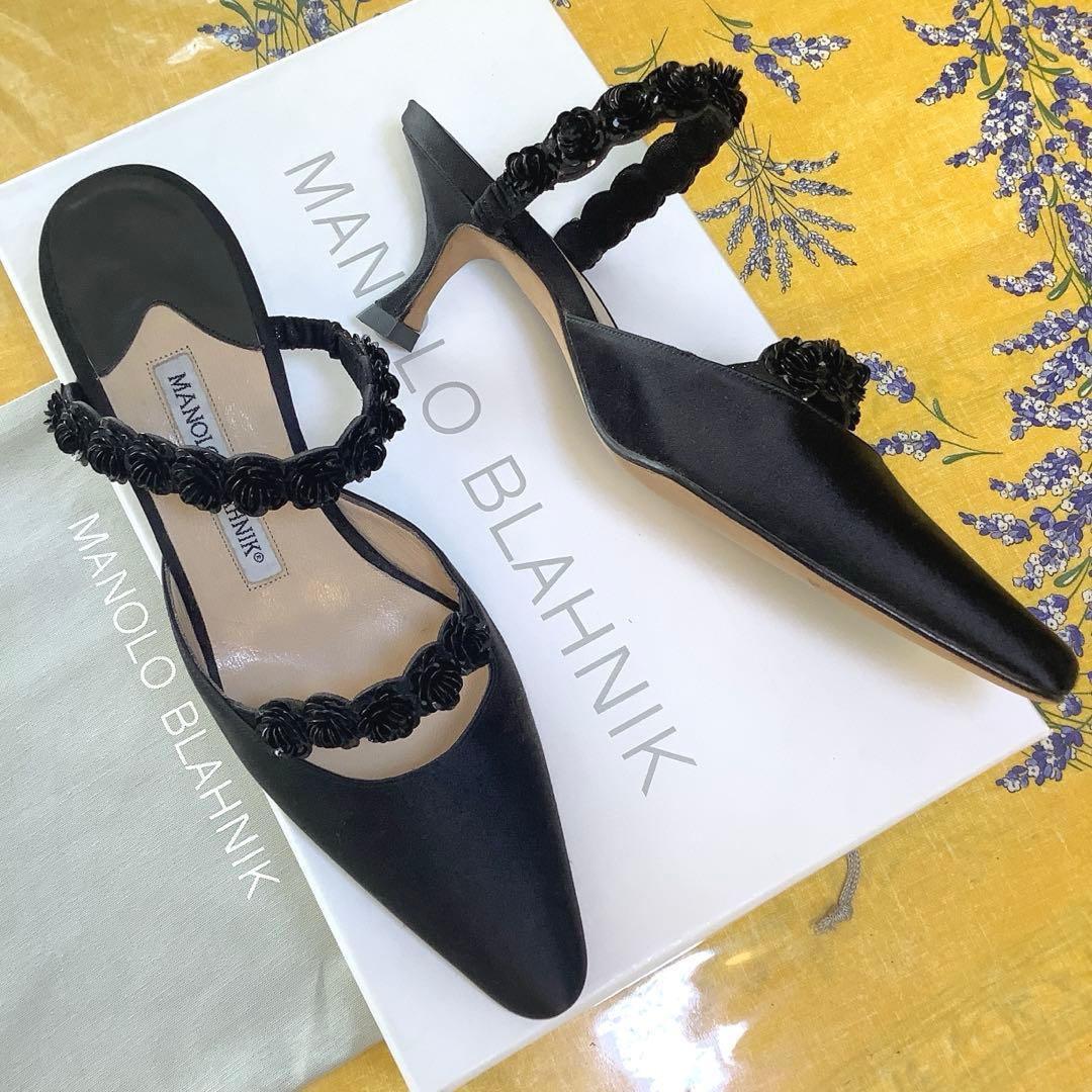 試着のみ新品! マノロブラニク バラモチーフ 極上サテン地 サンダル 22㎝