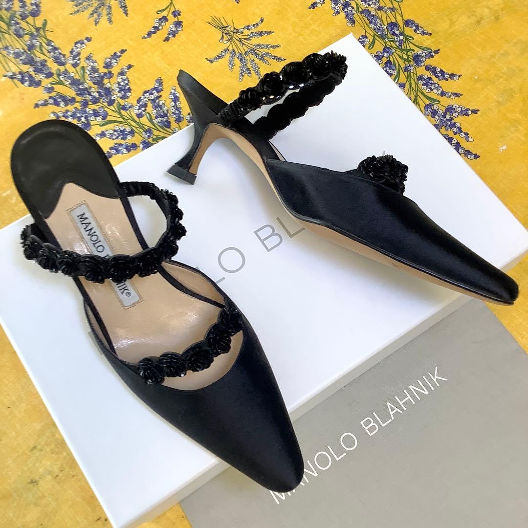 試着のみ新品! マノロブラニク バラモチーフ 極上サテン地 サンダル 22㎝