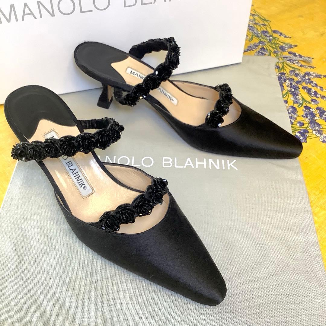 試着のみ新品! マノロブラニク バラモチーフ 極上サテン地 サンダル 22㎝