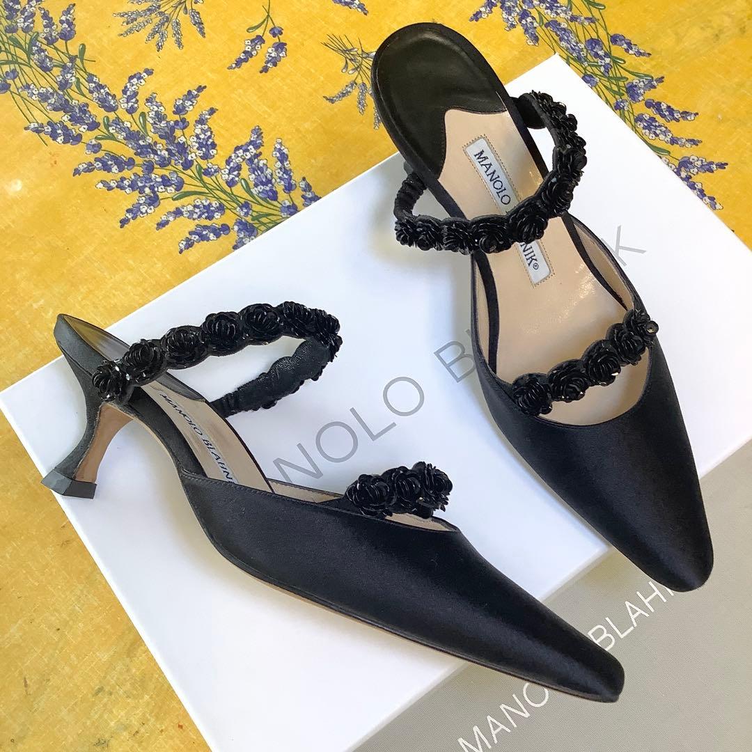 試着のみ新品! マノロブラニク バラモチーフ 極上サテン地 サンダル 22㎝