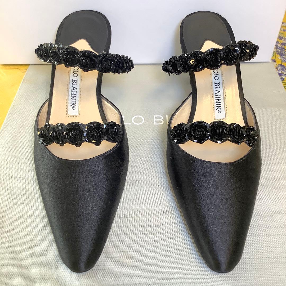 試着のみ新品! マノロブラニク バラモチーフ 極上サテン地 サンダル 22㎝