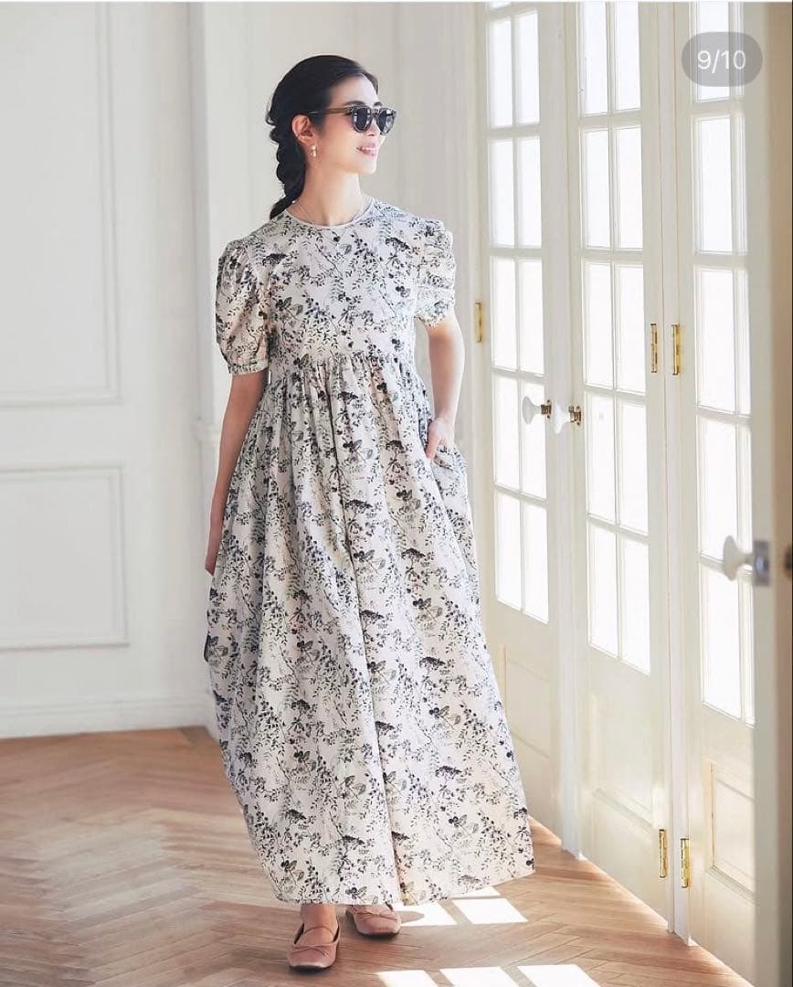 Seventenセブンテン【木の実柄プリントマキシワンピース/グレー】